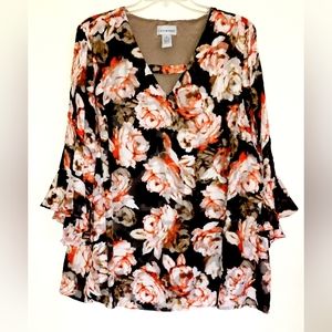 Catherine's 1X 18/20 women's black floral v-neck blouse
